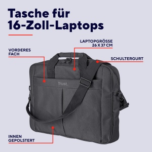 Geanta pentru laptop Trust Primo 16 inch, geanta cu curea de umar, geanta cu captuseala interioara pentru protectie, geanta de umar pentru calatorii, afaceri, birou, scoala - negru - Img 2