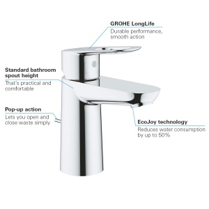 GROHE BauLoop - Robinet de lavoar cu o singura parghie (cu economie de apa, S-Size, cu tija de tragere, instalare cu o singura gaura), crom, 23335000 - Img 5