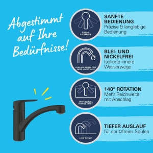 GROHE Start, robinet de bucatarie (pivotare la 140deg, conexiune flexibila, inclusiv instrument de asamblare), negru, 305302431 - Img 5