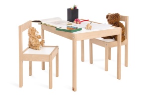 Grup de scaune pentru copii PINOLINO Olaf, 3 piese, din lemn, 2 scaune si 1 masa, pentru copii de la 2 ani, lacuit transparent si decor simplu, alb, masa de pictura pentru copii - Img 2