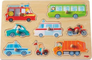 HABA 301940 - Lumea vehiculelor de puzzle de prindere jucarii din lemn de la 12 luni puzzle din lemn din 8 piese cu motive colorate de vehicule cu but