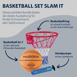 HUDORA Basketball Set Slam It - set de baschet cu cos, baschet marimea 7 si pompa de mana - cos de baschet robust pentru interior si exterior - baschet din cauciuc pentru copii si adulti - Img 2