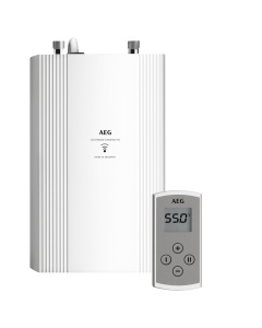 Incalzitor de apa electronic compact instantaneu AEG DDLE Kompakt FB 11/13 kW cu telecomanda pentru bucatarie, Fabricat in Germania, conexiune fixa 400 V, compatibil solar, montare sub chiuveta, testat VDE,230769