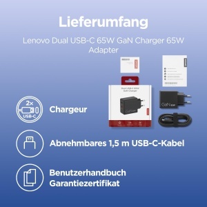 Incarcator Dual USB-C Lenovo 65W GaN pentru Laptop si Telefon, Negru - Img 8