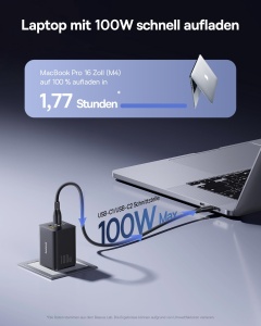 Incarcator rapid Baseus 100W, 3 porturi USB-C, compact, negru - Img 2