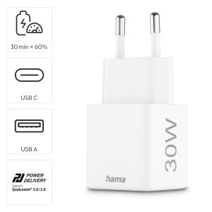 Incarcator rapid Hama USB, 30W, alb, cu 2 porturi USB-C si USB-A - Img 2