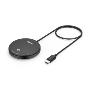 Incarcator wireless Hama Qi 15W, negru, design elegant, compatibil cu MagSafe