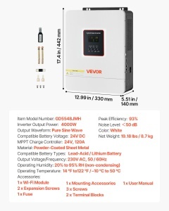Invertor hibrid VEVOR GD5548JMH 4000W, 24V DC, cu Wi-Fi, alb - Img 7