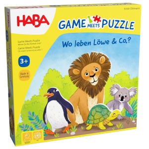 Joc de societate HABA Wo Leben Lowe Co. 4 piese puzzle si 4 figurine din lemn