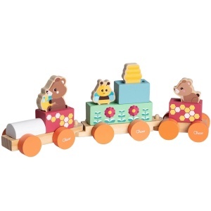Jucarie din lemn Chicco Teddybear Zug cu 3 vagoane si 5 blocuri colorate