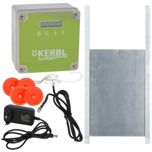 Kerbl 70546 Set de usi automate pentru pui inclusiv usa glisanta clapeta de pui Tampa pentru pasari de curte Usa de pasare 300 x 400 mm - Img 1