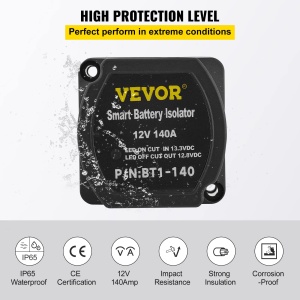 Kit de incarcare divizata VEVOR Dual Battery Disconnect Relay 12V, set de relee sensibil la tensiune de 140A -30 pana la 105degC, incarcator automat si set de cabluri pentru camion, RV, atelier, masina si nava - Img 5