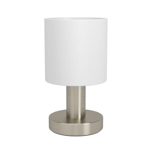 Lampa de masa EGLO Monetto, baza argintie, abajur textil alb, E14, H 18 cm