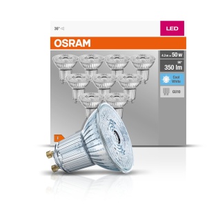 Lampa reflectorizanta Osram LED Base PAR16, cu baza GU10, nereglabila, inlocuieste 50 wati, unghi de fascicul de 36deg, alb rece - kelvin, pachet de 10