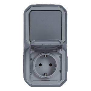 LEGRAND, Plexo Nou comutator universal AP rezistent la umezeala (1 poli) si priza de contact cu impamantare (SL), incl. capac cu balamale, vert., IP44-IK07 (priza), IP55 - IK07 (intrerupator), culoare: gri, 069746L - Img 3