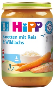 Mancare pentru bebelusi HiPP cu morcovi, orez si somon, 6 x 220 g
