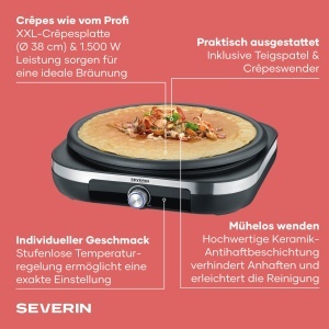 Masina de Crepes SEVERIN CM 2199, Grill Plata XXL 38 cm, 1500 W, Inox Negru - Img 3