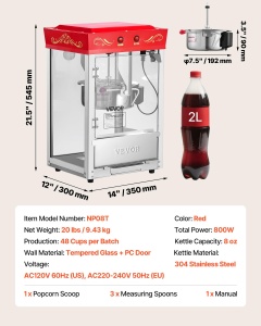 Masina de Facut Popcorn VEVOR NP08T, 800 W, 48 Tasse, Culoare Rosie - Img 7