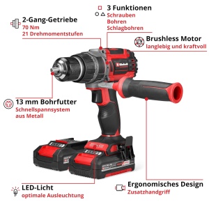 Masina de gaurit Einhell TP-CD 1870 Li-i BL 18V Brushless 70Nm cu functie de percutie - Img 3