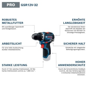 Masina de gaurit si insurubat Bosch GSR 12V-32 Motor fara perii Control KickBack 2 acumulatori 20 Ah - Img 2