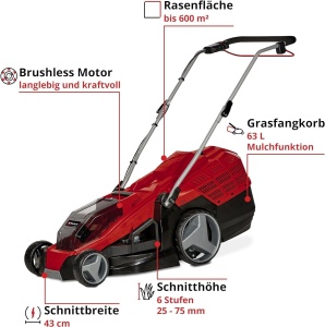 Masina de tuns iarba cu acumulator Einhell GE-CM 36/43 Li M-Solo Power X-Change (36 V, latime de taiere de 43 cm, pana la 600 m2, fara perii, functie de mulcire, colector de iarba de 63 L, inaltime de taiere de 25-75 mm, fara baterie) - Img 3