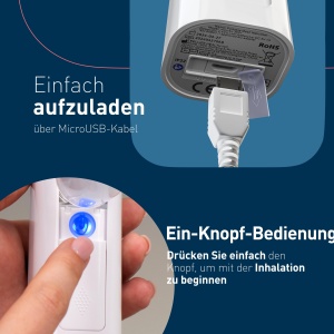 mini Air 360+ distribuit de OMRON | Inhalator portabil, silentios pentru adulti si copii | Inhalator incl. doua masti + mustiuc | Ameliorarea tusei si racelii | Incarcare cu Micro-USB - Img 6