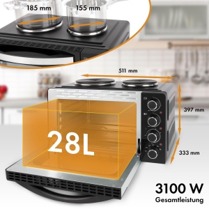 Mini cuptor Bomann(r) cu plite si rotisor | Gatit si coacere in acelasi timp | Mini cuptor 28L Caldura superioara/inferioara cu convectie 100deg-230degC | Mini cuptor electric 3100 wati incl. accesorii | KK 6059 CB - Img 6