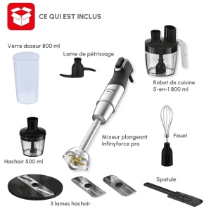 Mixer cu suport Moulinex Infinyforce Pro 1200W lame de inalta performanta rezultate rapide control ergonomic al vitezei control al vitezei piese detas - Img 9