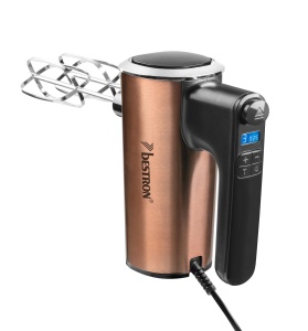 Mixer de mana Bestron Power, mixer de mana puternic cu 6 niveluri, functie Turbo si afisaj LCD, mixer incl. 2 teluri si 2 carlige pentru aluat, usor de 1 kg, culoare: cupru - Img 1