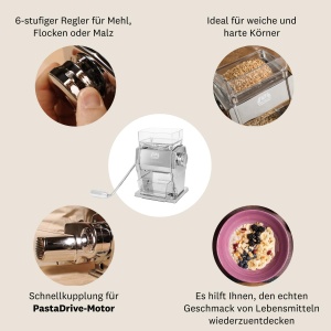 Moara Marcato Marga pentru cereale, moara de cereale, masina de faina de casa, din otel si aluminiu, 6 pozitii de macinare, 2 suprafete pentru fulgi sau faina, fabricata in Italia - Img 6