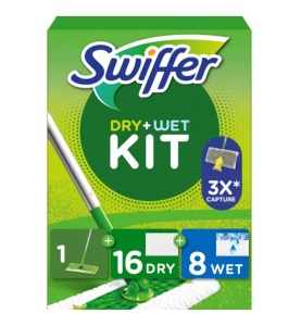 Mop umed si uscat Swiffer Dry Starter-Set, 1 maner, 16 servetele uscate, 8 servetele umede
