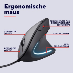 Mouse ergonomic vertical Trust Verto, Prevenirea bratului mouse-ului/cotului de tenis (Sindromul RSI), 1000/1600 DPI, Iluminare LED, Mouse PC cu cablu pentru dreptaci, Computer, Laptop, Mac - Negru - Img 2