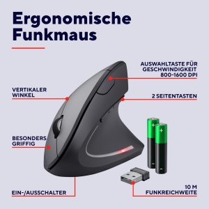 Mouse vertical fara fir Trust Verto, mouse ergonomic fara fir, prevenirea bratului mouse-ului/cotului de tenis (sindrom RSI), 800-1600 DPI, mouse fara fir pentru dreptaci, PC, computer, laptop, Mac, cu baterii - Img 2