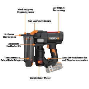Nagler cu acumulator WORX WX838.9 20V, 110 capacitate, Air-Impact - Img 8