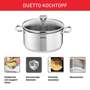 Oala Tefal Duetto A70546, 24 cm, inox, cu capac din sticla, inductie - Img 2