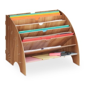 Organizator birou cu 6 compartimente, Relaxdays, MDF, culoare brown, dimensiuni 27x34x27 cm