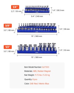 Organizator chei tubulare VEVOR QJ7333-6pc set 6 piese compatibil SAE si metric baza magnetica - Img 7