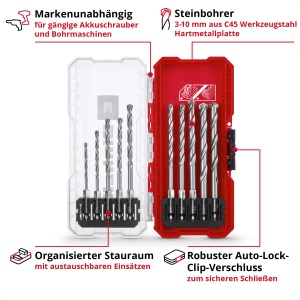 Original Einhell S-CASE 10 buc. Set de burghie pentru zidarie (conform DIN 10083-2 din otel de scule, tija E 6.3, placa de carbura introdusa, ax laminat cu role incl. cutie de depozitare) - Img 3