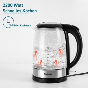 Pahar pentru ceainic COSORI 1,7 litri, LED albastru, fara BPA, 2200 wati, timp de gatit de 5 minute, protectie la supraincalzire, rotativ la 360deg, Ceainic din sticla borosilicata cu baza din otel inoxidabil si filtru - Img 5