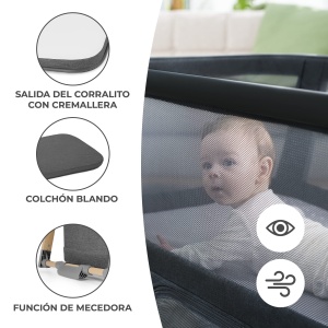Pat de calatorie pentru copii Kinderkraft 4 in 1 SOFI, Paturi pentru copii, Pat pentru copii, Pat suplimentar pentru copii, Pat de calatorie cu accesorii, cu functie de tarc, Design modern, Dimensiuni mici dupa pliere, Gri - Img 6
