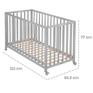 Pat pliabil pentru copii roba Fold Up 60x120 cm din lemn reglabil pe inaltime cu roti si frane Taupe - Img 7