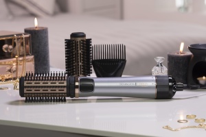 Perie cu aer cald rotativa [automata] Keratin Protect (inclusiv 3 atasamente: 2 perii rotunde + amplificator pentru mai mult volum) + agrafe de par, acoperire ceramica cu ulei de migdale, AS8811,Gri - Img 2
