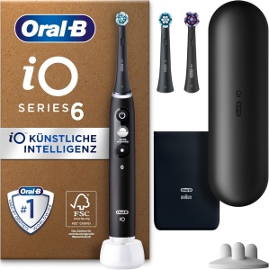 Periuta de dinti electrica Oral-B iO Series 6 Plus Edition, PLUS 3 periute, 5 moduri de periaj pentru ingrijirea dentara, Geanta de calatorie, proiectata de Braun, Negru