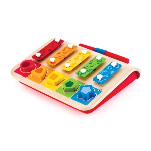 Pian xilofon Hape cu functie de sortare a culorilor si formelor din lemn, instrument muzical pentru copii de la 12 luni