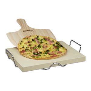 Piatra de copt Relaxdays 3 cm cu suport metalic si spatula din lemn, 38x30 cm - Img 8