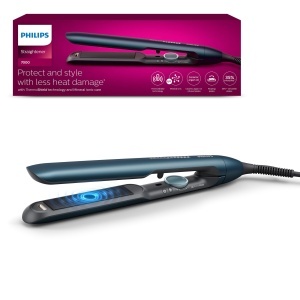 Placa de indreptat parul Philips Seria 7000 BHS73200 Tehnologie ThermoShield Placi ceramice cu ulei de argan Albastru metalic
