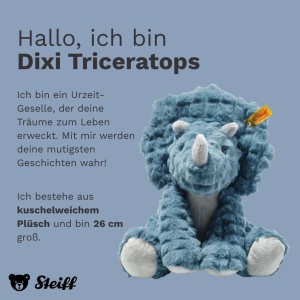 Plush Dinosaur Dixi Triceratops Steiff, 28 cm, Culoare Petrol, Plus Moale - Img 2