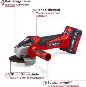 Polizor unghiular Einhell TC-AG 18115 Li 18V cu acumulator 40Ah si incarcator - Img 3