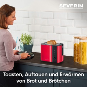 Prajitor de paine automat SEVERIN, aparat de prajit cu accesoriu pentru rola, otel inoxidabil de inalta calitate, pentru prajire, dezghetare si incalzire, 800 W, rosu foc metalizat / negru, AT 2217 - Img 3