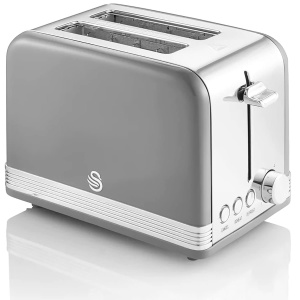 Prajitor de paine cu fante largi Swan Retro ST19010GRNEU cu 2 felii, design vintage, 3 functii: dezghetare/reincalzire/anulare, 6 controlere de nivel de paine prajita, otel inoxidabil, gri, 815W - Img 1